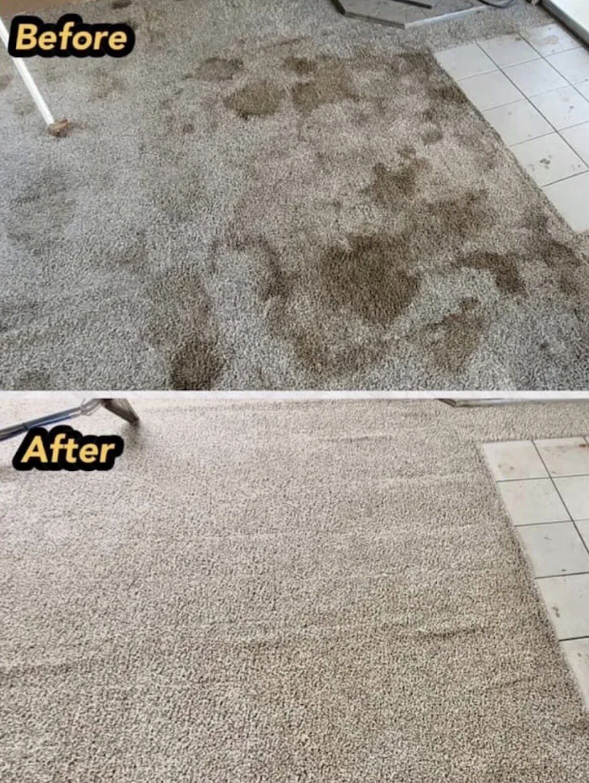 Before and after of heavily stained carpet professionally cleaned in Connecticut