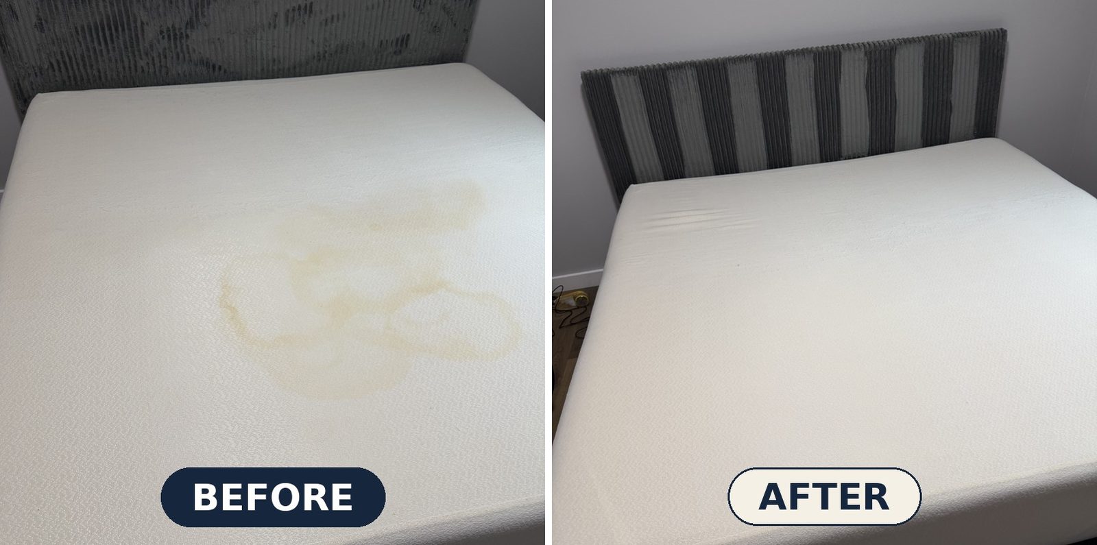 Mattress with stains before and after professional deep cleaning in Connecticut