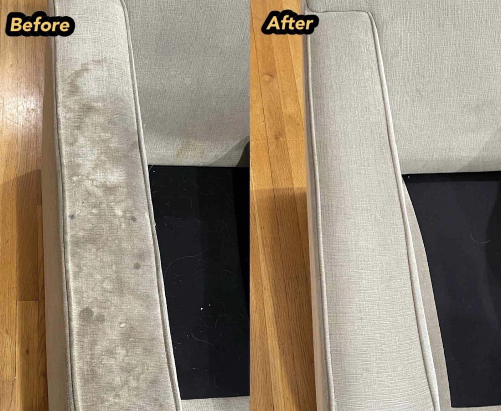 Sofa arm detail — before and after professional cleaning