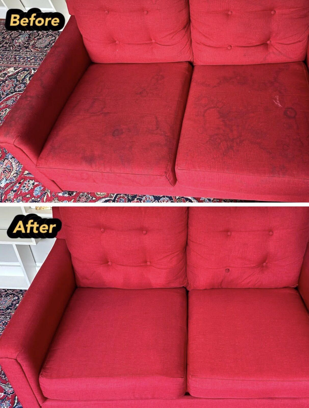 Red loveseat — Bridgeport — before and after professional cleaning