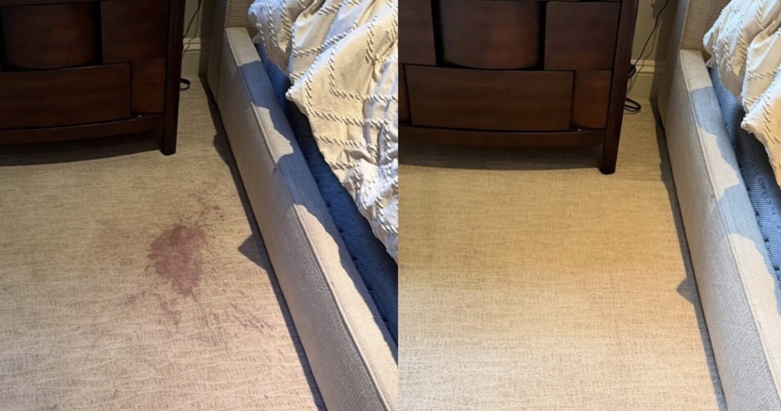 Wine stain on bedroom carpet before and after stain removal